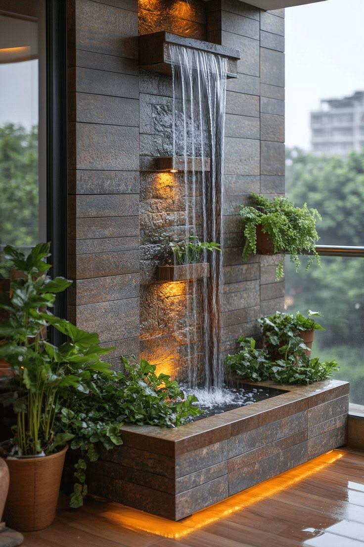Villa Courtyard Landscape with Cascading Stone Water Feature #13
